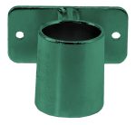The Quantum Post Wall Mount Bracket features a green metal wall flange with a cylindrical socket for securing pipes, boasts a green epoxy antimicrobial finish, has a rectangular base with two mounting holes, and is adorned with engraved text and logos for practicality and style.