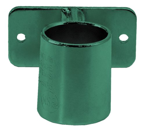WR-WMB_P.jpg The Quantum Post Wall Mount Bracket features a green metal wall flange with a cylindrical socket for securing pipes, boasts a green epoxy antimicrobial finish, has a rectangular base with two mounting holes, and is adorned with engraved text and logos for practicality and style.