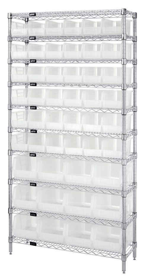 The Quantum Bin System Unit is a stationary, chrome-plated metal unit with four 74H posts and ten 36W x 14D wire shelves. It includes 36 QUS230 and 12 QUS240 clear bins, perfect for efficient organization and storage.