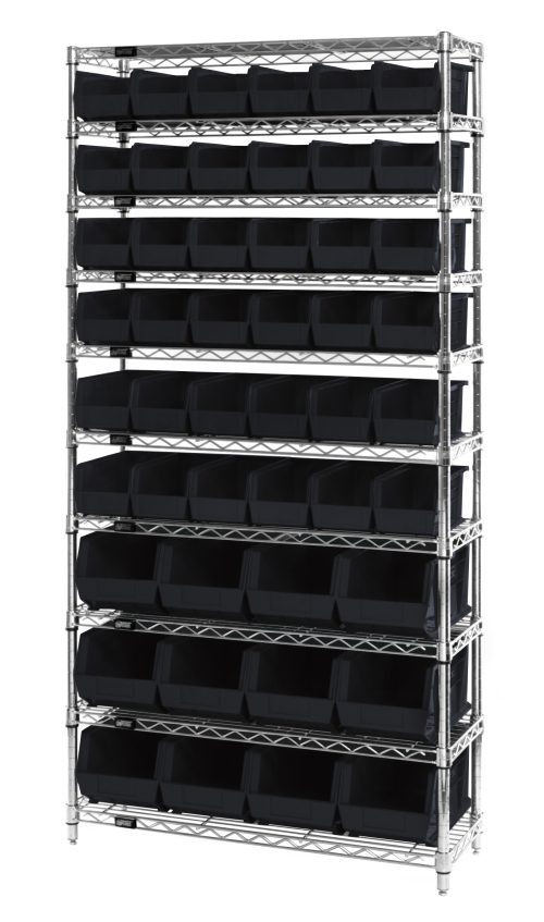 The Quantum Bin System, a stationary unit with four 74H posts and ten 36W x 14D wire shelves in a chrome-plated finish, includes thirty-six QUS230 and twelve QUS240 black bins for neatly organized storage across seven tiers.