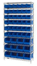 The Quantum Bin System Unit is a stationary storage solution featuring four 74H posts, ten 36W x 14D wire shelves, thirty-six QUS230 blue bins, and twelve QUS240 blue bins. It comes in a chrome-plated finish for stability and uniformity.