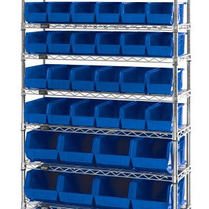 The Quantum Bin System Unit is a stationary storage solution featuring four 74H posts, ten 36W x 14D wire shelves, thirty-six QUS230 blue bins, and twelve QUS240 blue bins. It comes in a chrome-plated finish for stability and uniformity.