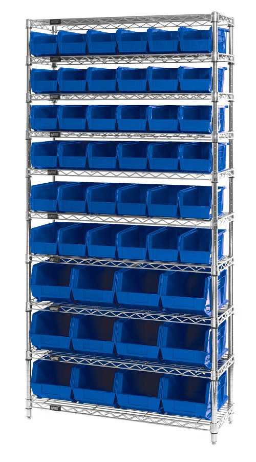 The Quantum Bin System Unit is a stationary storage solution featuring four 74H posts, ten 36W x 14D wire shelves, thirty-six QUS230 blue bins, and twelve QUS240 blue bins. It comes in a chrome-plated finish for stability and uniformity.