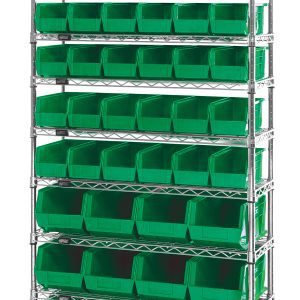 The Quantum Bin System is a stationary shelving unit with four 74H posts and ten 36W x 14D wire shelves. It includes 36 QUS230 and 12 QUS240 green bins, offering a freestanding, sturdy industrial design with a chrome-plated finish. Shipped KD for optimal organization.