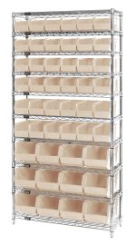 The Quantum Bin System Unit is a stationary shelving solution, featuring (4) 74H posts and (10) 36W x 14D chrome-plated wire shelves. It includes (36) QUS230 and (12) QUS240 ivory bins, providing an organized storage system. Shipped KD for easy assembly.