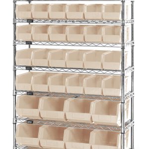The Quantum Bin System Unit is a stationary shelving solution, featuring (4) 74H posts and (10) 36W x 14D chrome-plated wire shelves. It includes (36) QUS230 and (12) QUS240 ivory bins, providing an organized storage system. Shipped KD for easy assembly.