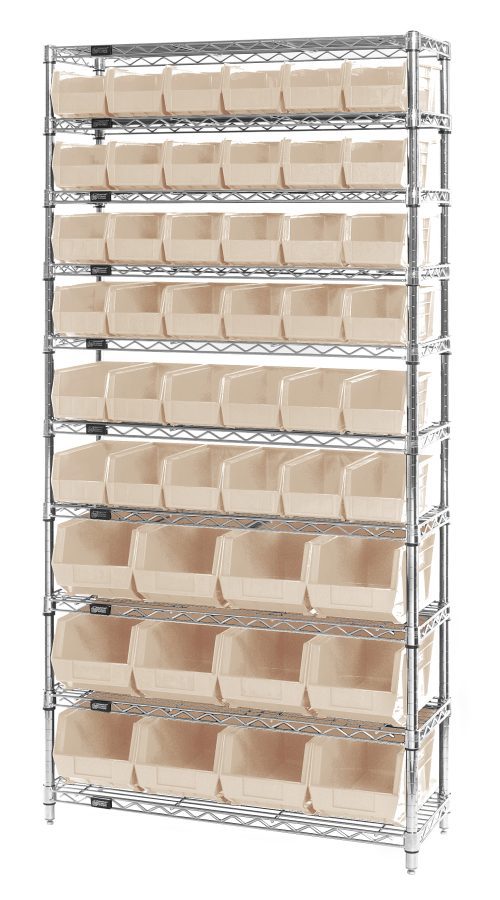 WR10-230240_IV.jpg The Quantum Bin System Unit is a stationary shelving solution, featuring (4) 74H posts and (10) 36W x 14D chrome-plated wire shelves. It includes (36) QUS230 and (12) QUS240 ivory bins, providing an organized storage system. Shipped KD for easy assembly.