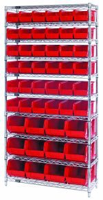 The Quantum Bin System Unit is a stationary setup with ten 36W x 14D wire shelves, featuring (36) QUS230 and (12) QUS240 red bins. It includes four 74H posts, a chrome-plated finish, and ships knocked down for easy organization in an open-front design.