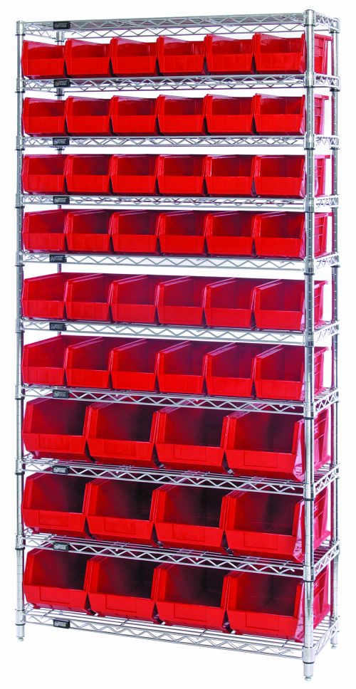 The Quantum Bin System Unit is a stationary setup with ten 36W x 14D wire shelves, featuring (36) QUS230 and (12) QUS240 red bins. It includes four 74H posts, a chrome-plated finish, and ships knocked down for easy organization in an open-front design.
