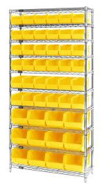 The Quantum Bin System Unit is a stationary, chrome-plated, tall wire shelving unit with 10 shelves and 4 sturdy 74 H posts, featuring (36) QUS230 and (12) QUS240 yellow bins.