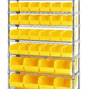 The Quantum Bin System Unit is a stationary, chrome-plated, tall wire shelving unit with 10 shelves and 4 sturdy 74 H posts, featuring (36) QUS230 and (12) QUS240 yellow bins.