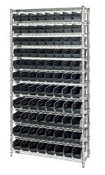 The Quantum Bin Wire Shelving System, measuring 36W x 12D x 74H with chrome-plated finish, supports 800 lbs per shelf. It includes (12) wire shelves and (88) black Qsb101 bins for a tidy, conductive setup.