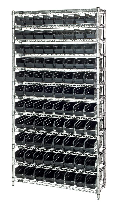 The Quantum Bin Wire Shelving System, measuring 36W x 12D x 74H with chrome-plated finish, supports 800 lbs per shelf. It includes (12) wire shelves and (88) black Qsb101 bins for a tidy, conductive setup.