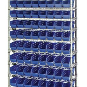 The Quantum Bin Wire Shelving System, with dimensions of 36W x 12D x 74H, includes 12 wire shelves and features an arrangement of QSB101 blue bins. With a chrome-plated finish and a capacity of 800 lbs per shelf, ample storage is provided across its nine tiers.