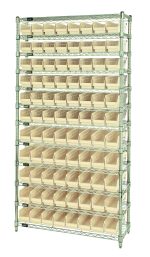 The Quantum Bin Wire Shelving System, 36W x 12D x 74H, includes (12) wire shelves and (88) QSB101 ivory bins neatly organized in rows. Each chrome-plated shelf has an 800 lb. capacity and is supported by (4) posts.