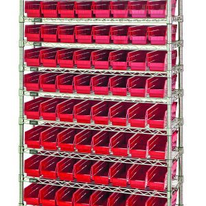 The Quantum Bin Wire Shelving System, 36W x 12D x 74H, features an industrial look with chrome-plated finish, (4) posts, and (12) wire shelves. Each shelf supports up to 800 lbs. and houses (88) QSB101 red bins for efficient small item organization.