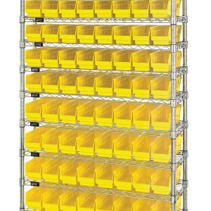 The Quantum Bin Wire Shelving System, 36W x 12D x 74H, features a chrome finish with four posts and twelve shelves that each hold up to 800 lbs. It includes 88 neatly arranged QSB101 yellow bins for small item organization.