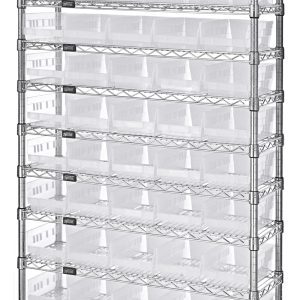 The Quantum Bin Wire Shelving System, measuring 36W x 12D x 74H, includes 12 wire shelves and 4 posts with an impressive 800 lb. capacity per shelf. It holds up to 55 QSB102 clear bins with a chrome-plated finish for enhanced stability and organization.