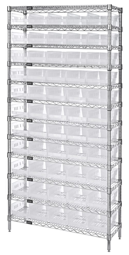 The Quantum Bin Wire Shelving System, measuring 36W x 12D x 74H, includes 12 wire shelves and 4 posts with an impressive 800 lb. capacity per shelf. It holds up to 55 QSB102 clear bins with a chrome-plated finish for enhanced stability and organization.