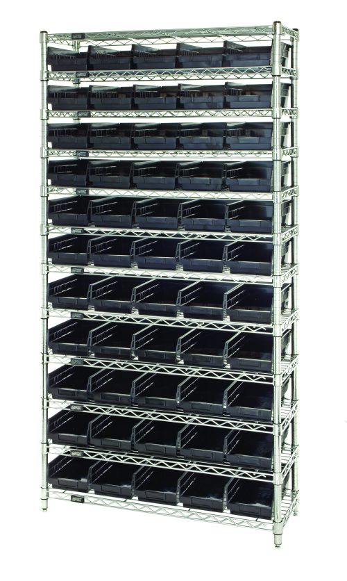 A tall chrome-plated Quantum Bin Wire Shelving System, 36W x 12D x 74H, features (4) posts, (12) shelves, and holds (55) QSB102 black bins. Its sturdy with an 800 lb. capacity per shelf, designed for organized storage with open bins for easy access across 10 tiers.