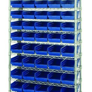 A Quantum Bin Wire Shelving System, measuring 36W x 12D x 74H, features 12 wire shelves and four posts. It includes 55 QSB102 blue bins, supports up to 800 lbs per shelf, and has a chrome-plated finish for a well-structured storage solution.