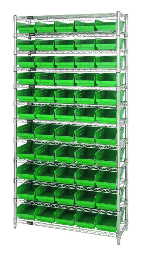 The Quantum Bin Wire Shelving System is 36W x 12D x 74H, includes 12 wire shelves and supports five QSB102 green bins per shelf. It features a chrome-plated finish, four sturdy posts, and can hold up to 800 lbs per shelf for optimal storage and organization.