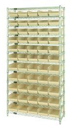 The Quantum Bin Wire Shelving System, measuring 36W x 12D x 74H, features an 800 lb. capacity per shelf with (12) wire shelves and comes with (55) QSB102 ivory bins, making it a durable and versatile storage solution.