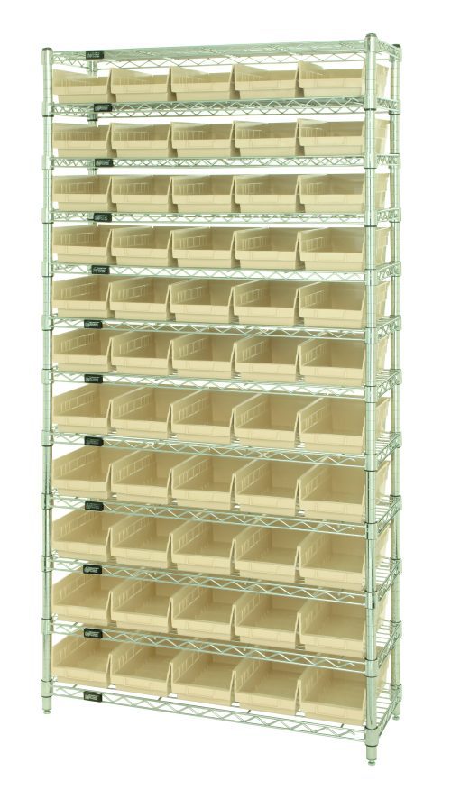 The Quantum Bin Wire Shelving System, measuring 36W x 12D x 74H, features an 800 lb. capacity per shelf with (12) wire shelves and comes with (55) QSB102 ivory bins, making it a durable and versatile storage solution.