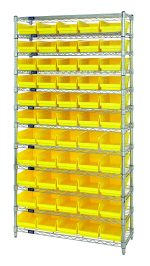 The Quantum Bin Wire Shelving System, 36W x 12D x 74H, features a sturdy chrome-plated metal frame with four posts and includes 12 wire shelves. It supports an efficient layout with rows of organized QSB102 yellow bins, accommodating up to 800 lb per shelf.