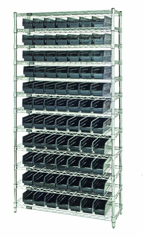 WR12-103CO.jpg The Quantum Bin Wire Shelving System is a 36Wx18Dx74H conductive unit featuring 12 wire shelves, 4 posts, and 88 QSB103 bins. It has an 800 lb capacity per shelf and a chrome finish, ideal for organizing items efficiently in conductive environments.