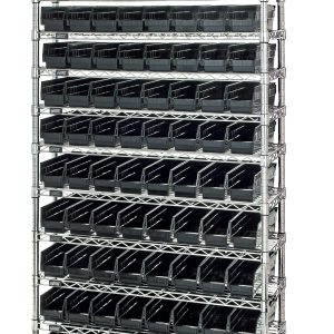 The Quantum Bin Wire Shelving System, measuring 36W x 18D x 74H, includes 12 wire shelves and holds up to 800 lb. per shelf. With a chrome finish and 88 QSB103 black bins arranged on multiple tiers, its ideal for organizing or storing various items efficiently.