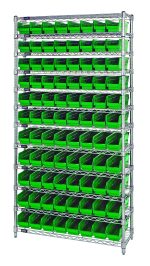 The Quantum Bin Wire Shelving System is 36W x 18D x 74H with twelve wire shelves, each holding up to 800 lbs. It includes four posts and 88 QSB103 green bins, chrome-plated for an organized industrial look with easy front bin access.