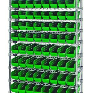 The Quantum Bin Wire Shelving System is 36W x 18D x 74H with twelve wire shelves, each holding up to 800 lbs. It includes four posts and 88 QSB103 green bins, chrome-plated for an organized industrial look with easy front bin access.