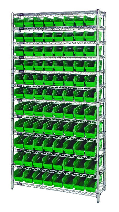 The Quantum Bin Wire Shelving System is 36W x 18D x 74H with twelve wire shelves, each holding up to 800 lbs. It includes four posts and 88 QSB103 green bins, chrome-plated for an organized industrial look with easy front bin access.
