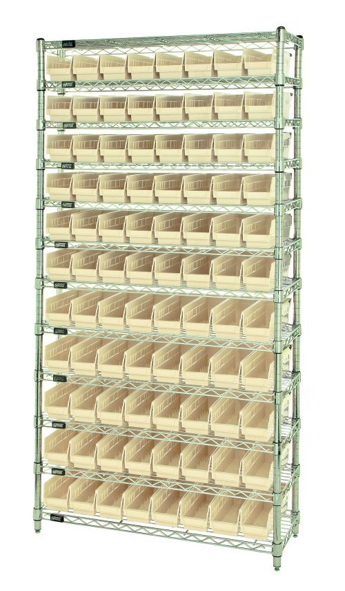 The Quantum Bin Wire Shelving System is a tall metal unit with 12 shelves, each having an 800 lb. capacity and holding ivory bins. It includes four posts and 88 bins, measuring 36W x 18D x 74H with a chrome-plated finish, ideal for efficient item organization in its grid setup.