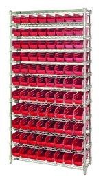 The Quantum Bin Wire Shelving System, with 12 wire shelves and 88 QSB103 red bins, measures 36W x 18D x 74H. Its freestanding design offers an efficient way to organize small items, each tier spaced for a grid-like appearance. Chrome plated, it supports up to 800 lbs per shelf.