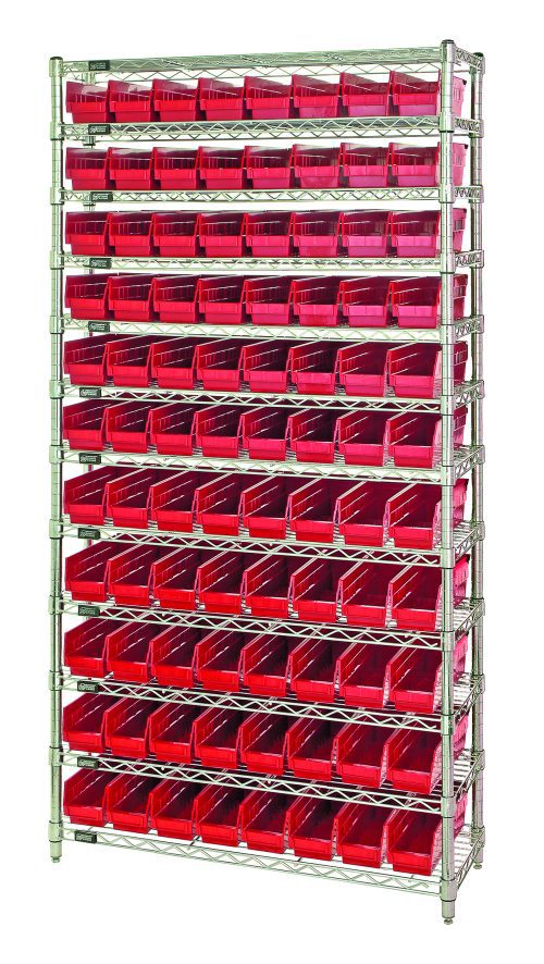 The Quantum Bin Wire Shelving System, with 12 wire shelves and 88 QSB103 red bins, measures 36W x 18D x 74H. Its freestanding design offers an efficient way to organize small items, each tier spaced for a grid-like appearance. Chrome plated, it supports up to 800 lbs per shelf.