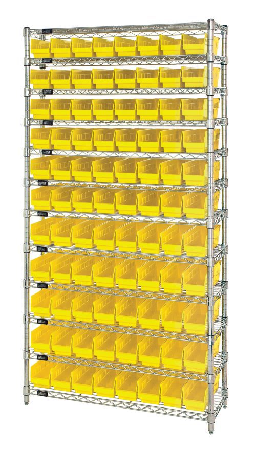 The Quantum Bin Wire Shelving System offers organized storage with an overall size of 36W x 18D x 74H. It includes 88 QSB103 yellow bins, evenly spaced across the shelves, and is supported by four sturdy metal posts. Each shelf has an 800 lb. capacity, ensuring durable use with a chrome plated finish.