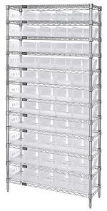 The Quantum Bin Wire Shelving System, measuring 36W x 18D x 74H, includes 12 wire shelves supporting up to 800 lb. each, with four posts and 55 QSB104 clear bins. The chrome-plated finish ensures versatile and organized storage with adjustable vertical supports.