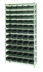 The Quantum Bin Wire Shelving System, with a chrome-plated finish, measures 36W x 18D x 74H. It includes 12 wire shelves, each supporting 800 lbs., and comes with four posts and 55 QSB104 black bins, offering a sleek and organized appearance.