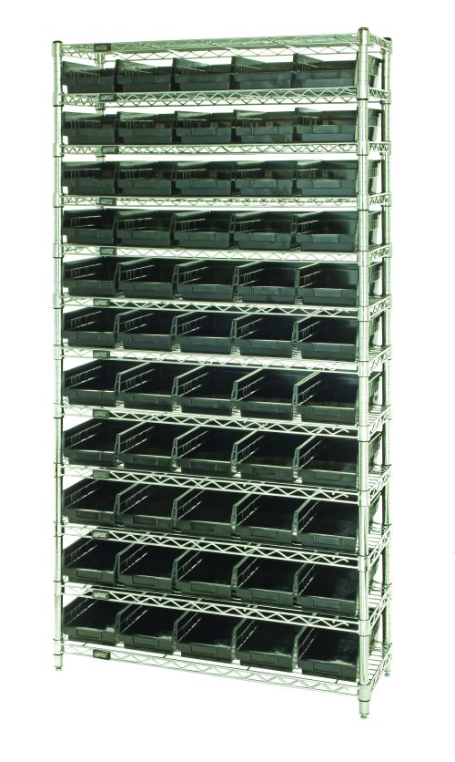 The Quantum Bin Wire Shelving System, with a chrome-plated finish, measures 36W x 18D x 74H. It includes 12 wire shelves, each supporting 800 lbs., and comes with four posts and 55 QSB104 black bins, offering a sleek and organized appearance.