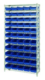 The Quantum Bin Wire Shelving System, measuring 36W x 18D x 74H, offers four posts and twelve wire shelves that each hold up to 800 lbs. It includes 55 uniform Qsb104 blue bins, creating a sleek and organized chrome-plated finish.