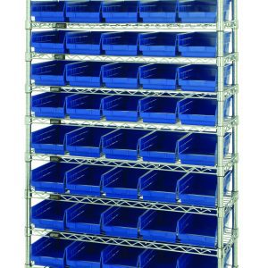 The Quantum Bin Wire Shelving System, measuring 36W x 18D x 74H, offers four posts and twelve wire shelves that each hold up to 800 lbs. It includes 55 uniform Qsb104 blue bins, creating a sleek and organized chrome-plated finish.