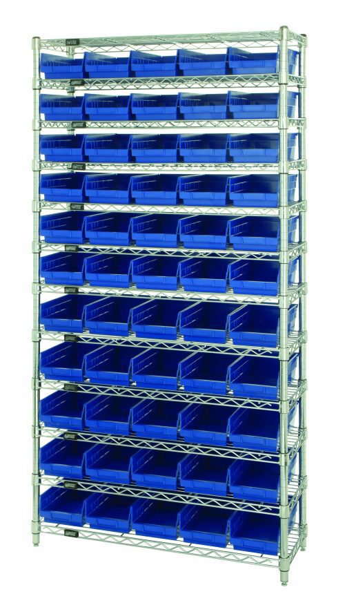 The Quantum Bin Wire Shelving System, measuring 36W x 18D x 74H, offers four posts and twelve wire shelves that each hold up to 800 lbs. It includes 55 uniform Qsb104 blue bins, creating a sleek and organized chrome-plated finish.