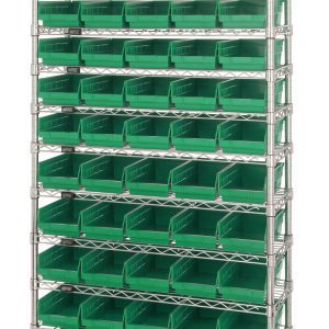 The Quantum Bin Wire Shelving System is a 36W x 18D x 74H unit with a chrome finish, featuring 55 QSB104 green bins. It includes 12 wire shelves and four sturdy posts, supporting up to 800 lbs per shelf against a white background.
