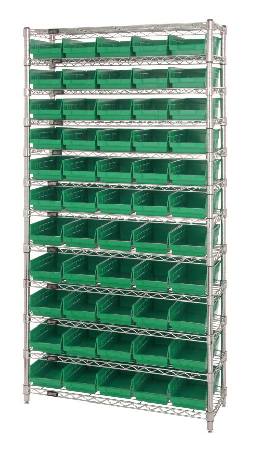 The Quantum Bin Wire Shelving System is a 36W x 18D x 74H unit with a chrome finish, featuring 55 QSB104 green bins. It includes 12 wire shelves and four sturdy posts, supporting up to 800 lbs per shelf against a white background.