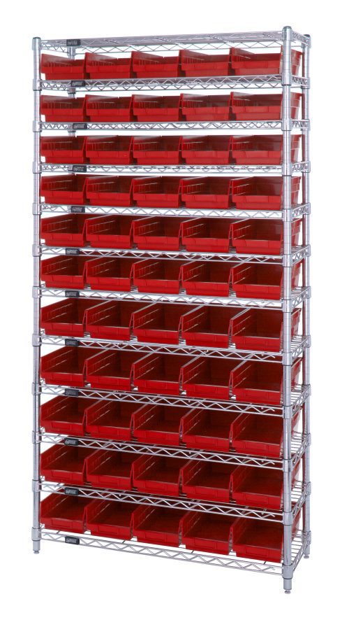 The Quantum Bin Wire Shelving System, measuring 36W x 18D x 74H, features a chrome-plated finish and includes (12) wire shelves, (4) posts, and (55) QSB104 red bins. With an industrial look and 800 lb. capacity per shelf, its perfect for efficient storage and organization.