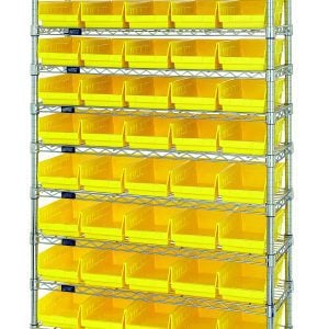 The Quantum Bin Wire Shelving System, chrome plated, is 36W x 18D x 74H and includes (12) shelves, (4) posts, and (55) QSB104 yellow bins. With an 800 lb. capacity per shelf, it is ideal for efficiently organizing and storing various items.