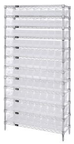 The Quantum Bin Wire Shelving System, measuring 36W x 24D x 74H, includes (12) wire shelves and (4) posts. Each level supports four QSB105 clear bins, has an 800 lb. capacity per shelf, and features a chrome-plated finish for sturdiness and organization.