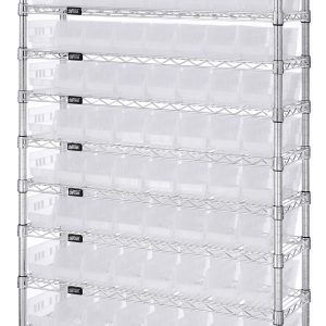 The Quantum Bin Wire Shelving System, measuring 36W x 24D x 74H, includes (12) wire shelves and (4) posts. Each level supports four QSB105 clear bins, has an 800 lb. capacity per shelf, and features a chrome-plated finish for sturdiness and organization.